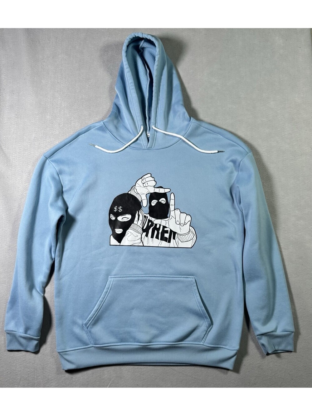 Light Blue Graphic Hoodie Masked Figures Streetwear Men's Size XL Polyester